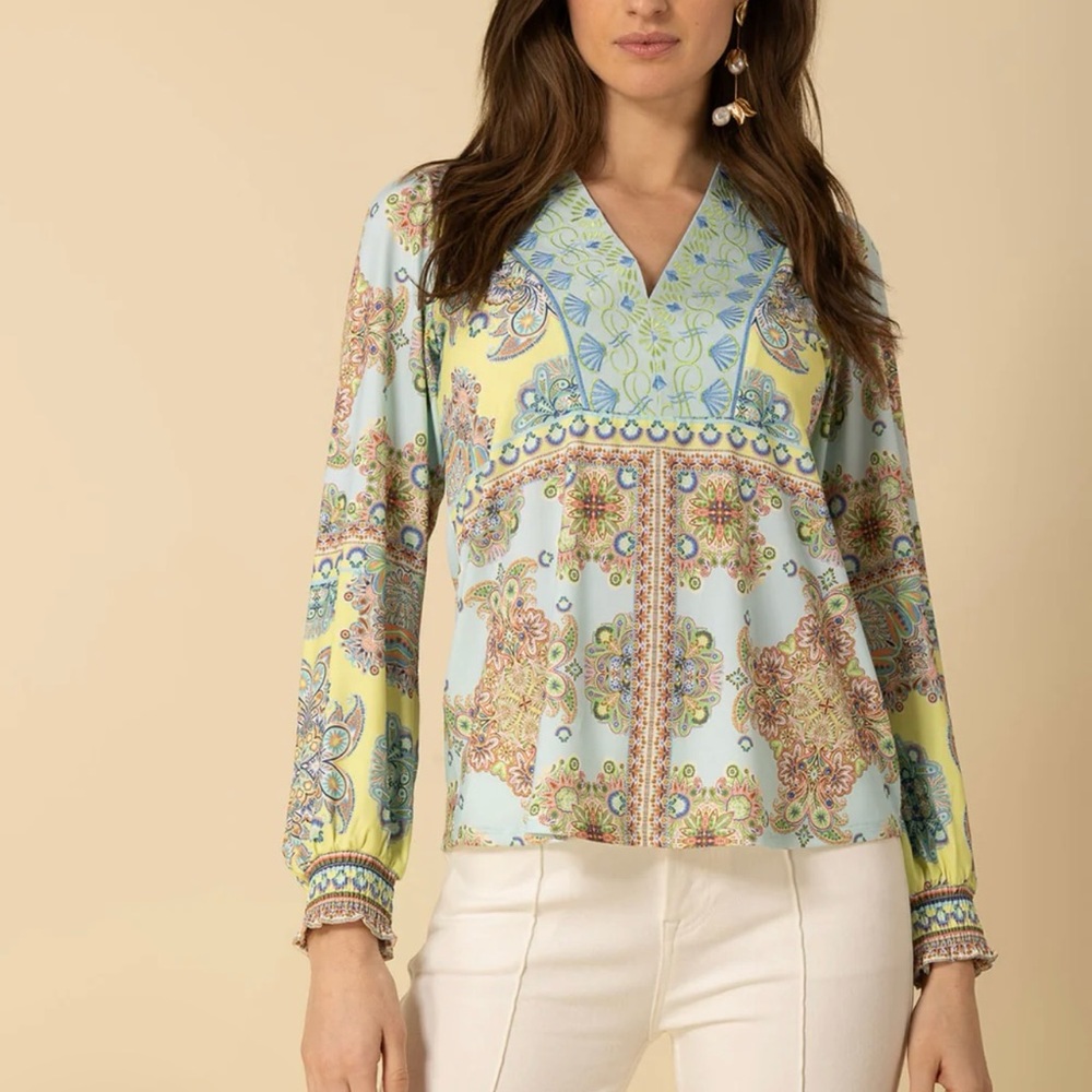 Hale Bob Blue and Yellow Paisley V-Neck Blouse